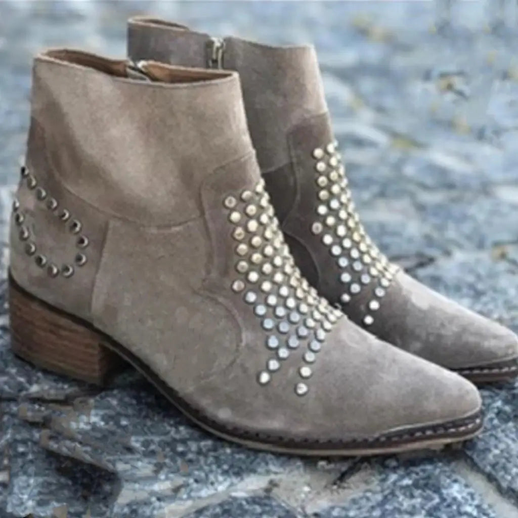 Studded Suede Textured Pointy Toe Chunky Boots