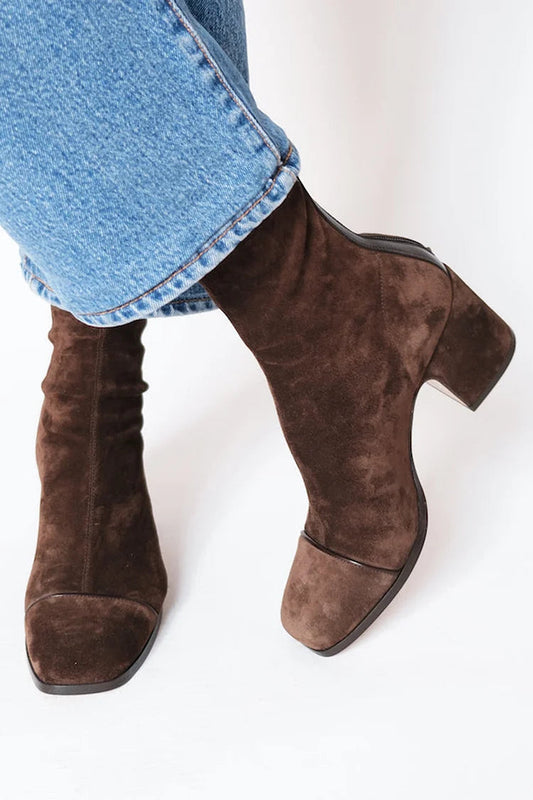 Solid Color Square Toe Dark Brown Chunky Heels Boots