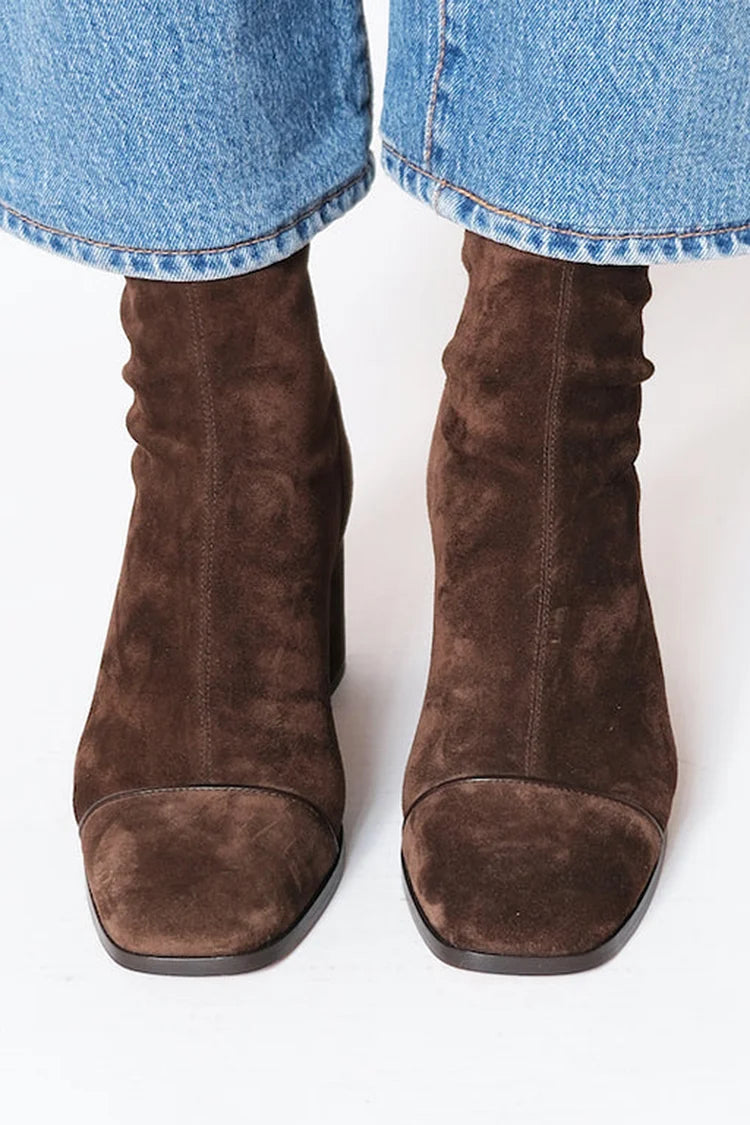 Solid Color Square Toe Dark Brown Chunky Heels Boots