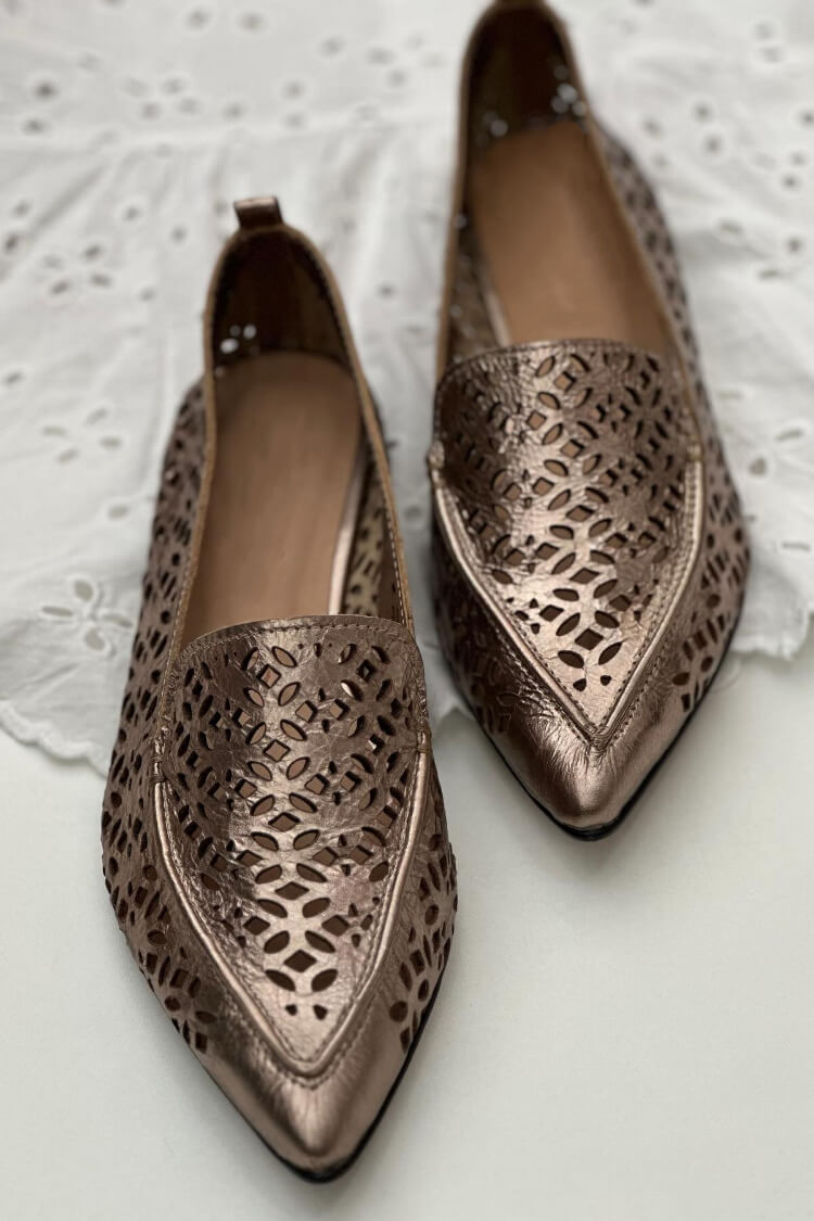 Metallic Laser Cut Pointed Toe Slip-On Loafers [Pre Order]