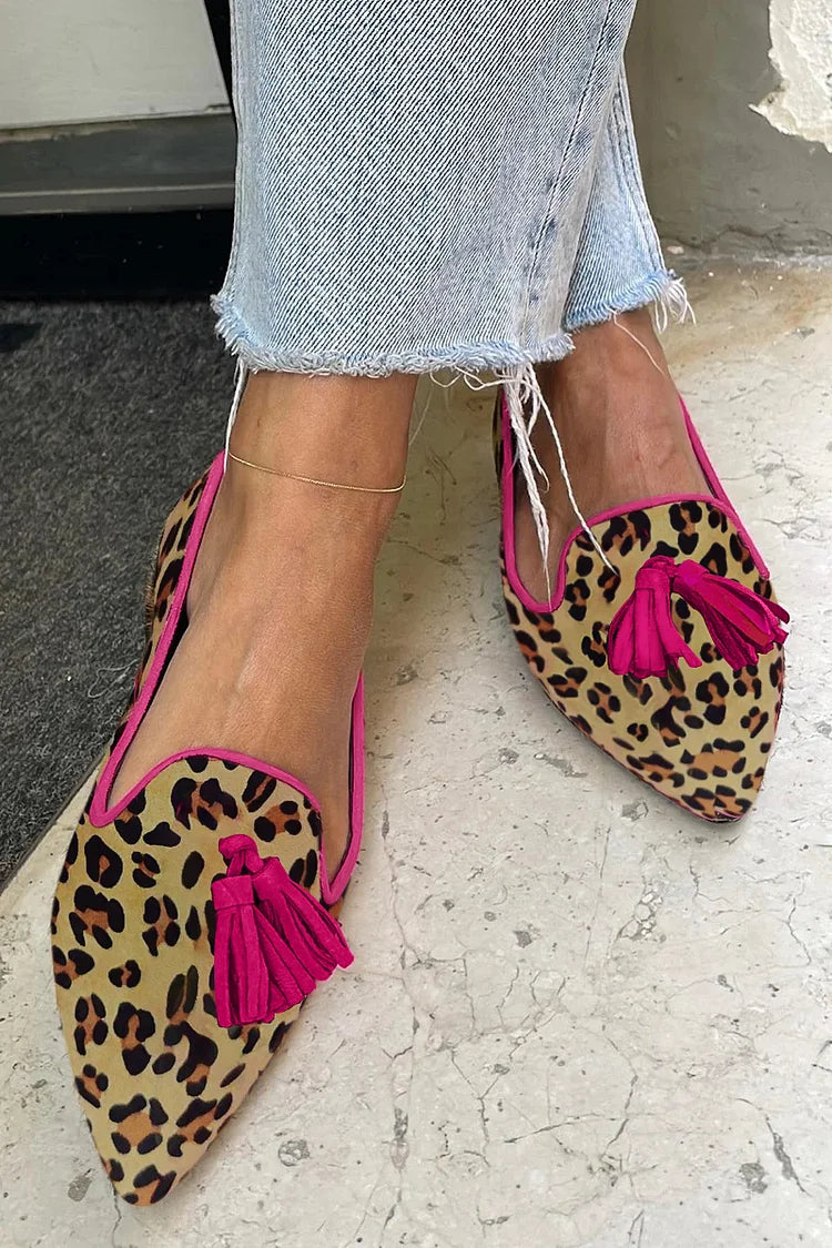 Leopard Print Faux Suede Tassels Decor Casual Pointy Flats