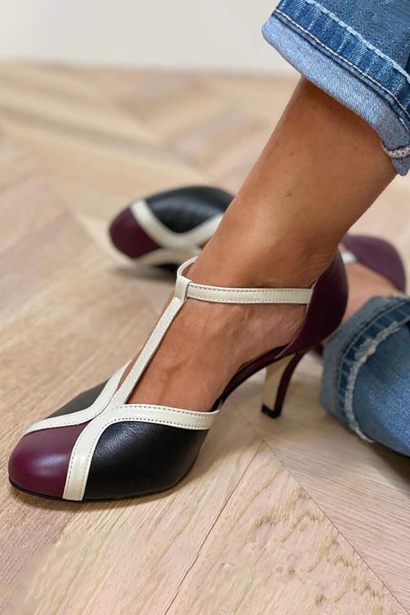 Color Block Closed Round Toe T-Strap Stiletto Heels